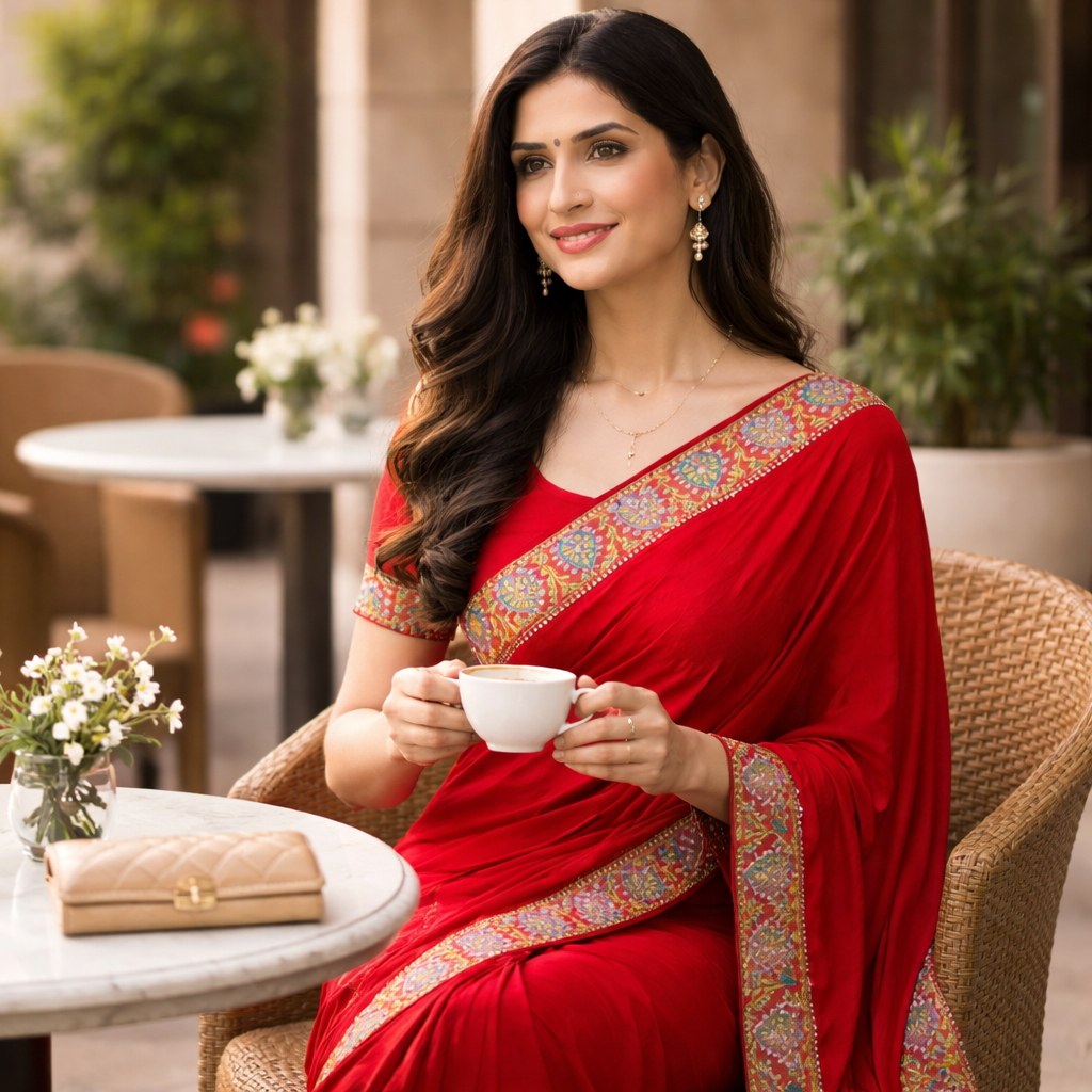 Red Heavy Pattern Georgette Saree With Printed Border Andamp And Siroski Work For Women