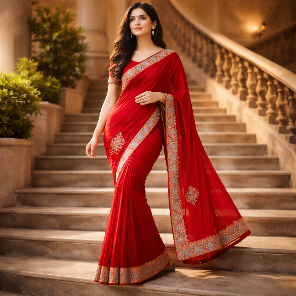 Red Heavy Pattern Georgette Saree With Printed Border Andamp And Siroski Work For Women