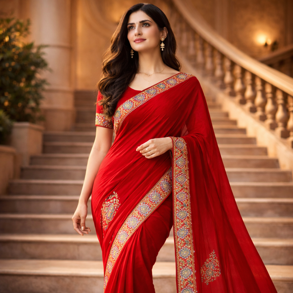 Red Heavy Pattern Georgette Saree With Printed Border Andamp And Siroski Work For Women