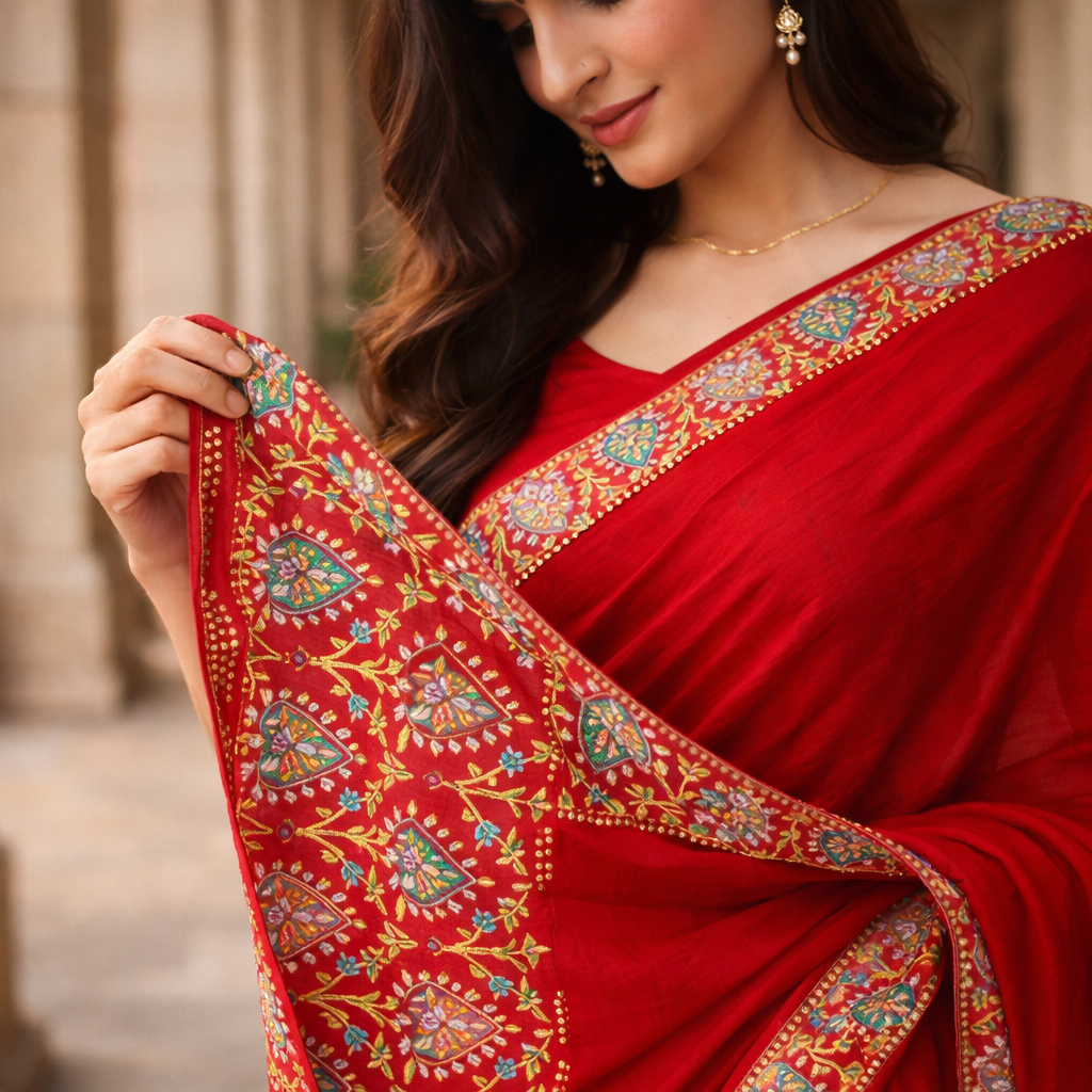 Red Heavy Pattern Georgette Saree With Printed Border Andamp And Siroski Work For Women