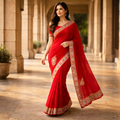 Red Heavy Pattern Georgette Saree With Printed Border Andamp And Siroski Work For Women