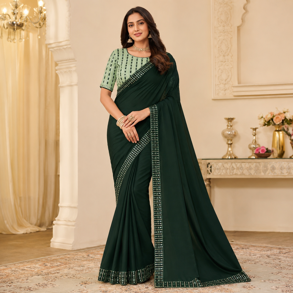 Green Georgette Saree With Readymade Blouse – Pre-Stitched Stylish Saree For Women And Girls For Women
