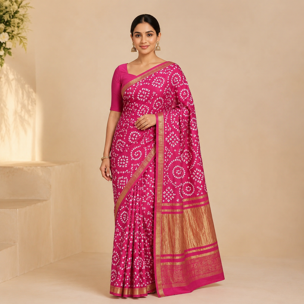 Pink Gajji Silk Bandhani Saree With Blouse – Handcrafted Elegance In Every Dot For Women