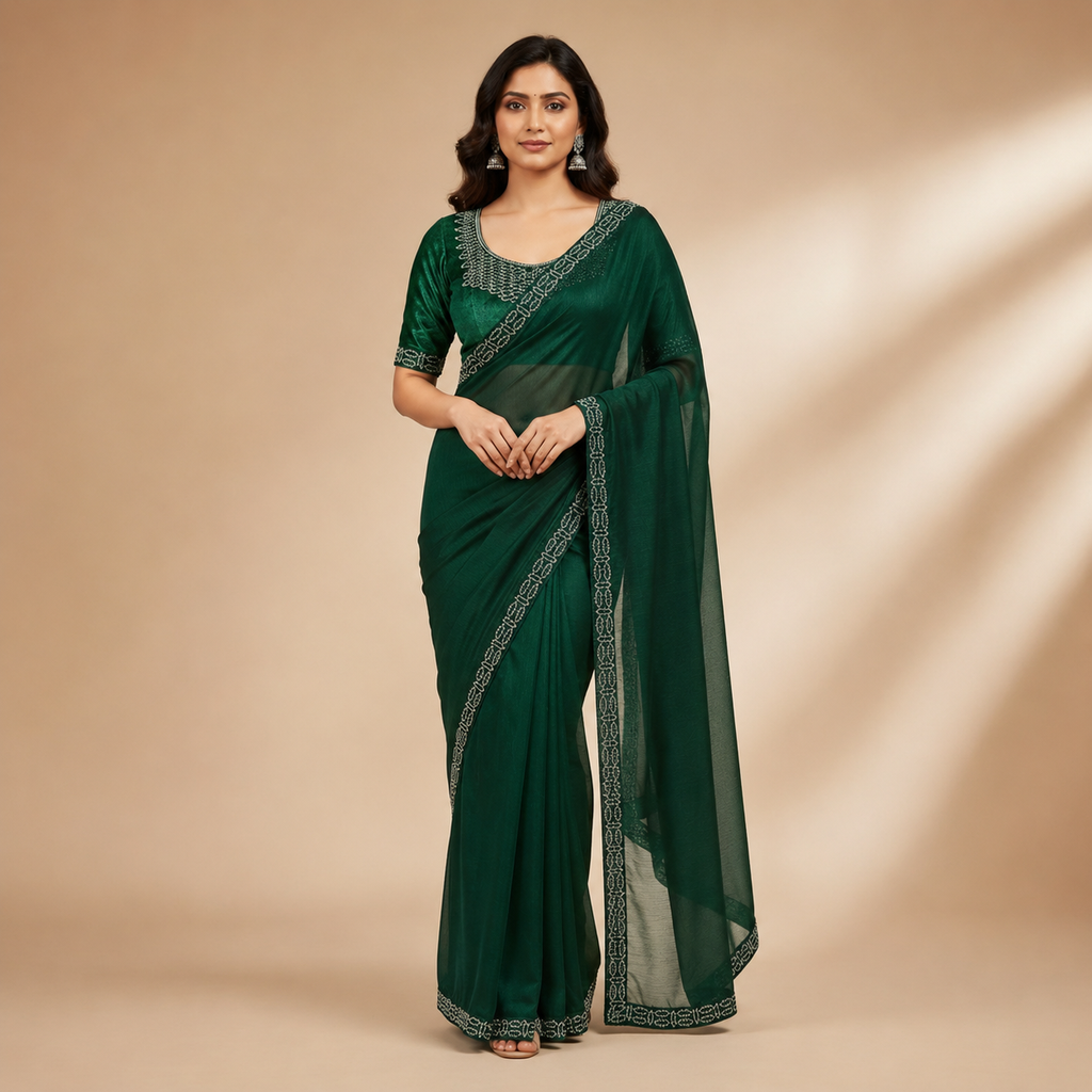 Green Organza Saree With Velvet Blouse – A Whisper Of Royalty For Women