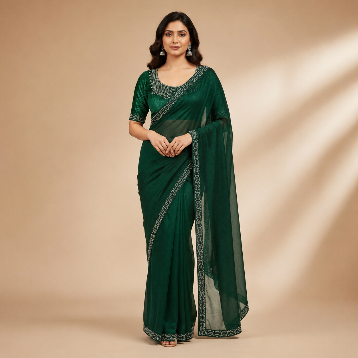 Green Organza Saree With Velvet Blouse – A Whisper Of Royalty For Women