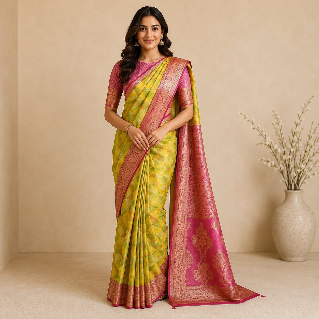 Banarasi Silk Saree With Geometric Weave And Rich Zari Border – Timeless Elegance In Every Fold For Women
