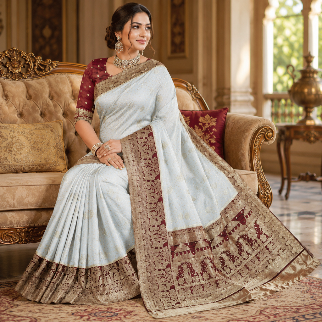 Maroon And White Pure Heavy Kalash Satin Silk Saree With Blouse – Wedding And Party Wear For Women