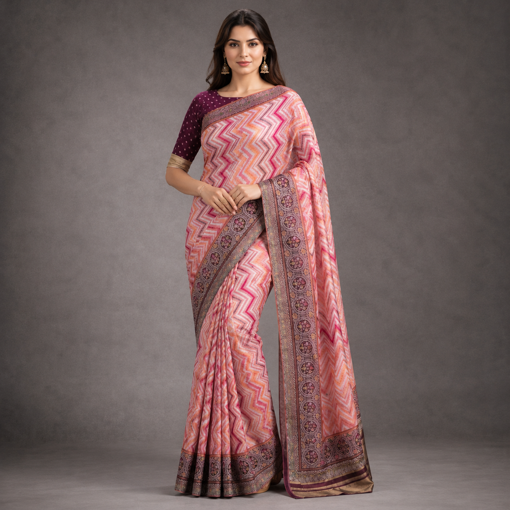 Pink Banarasi Kora Silk Saree With Chevron Weave And Antique Zari Border For Women