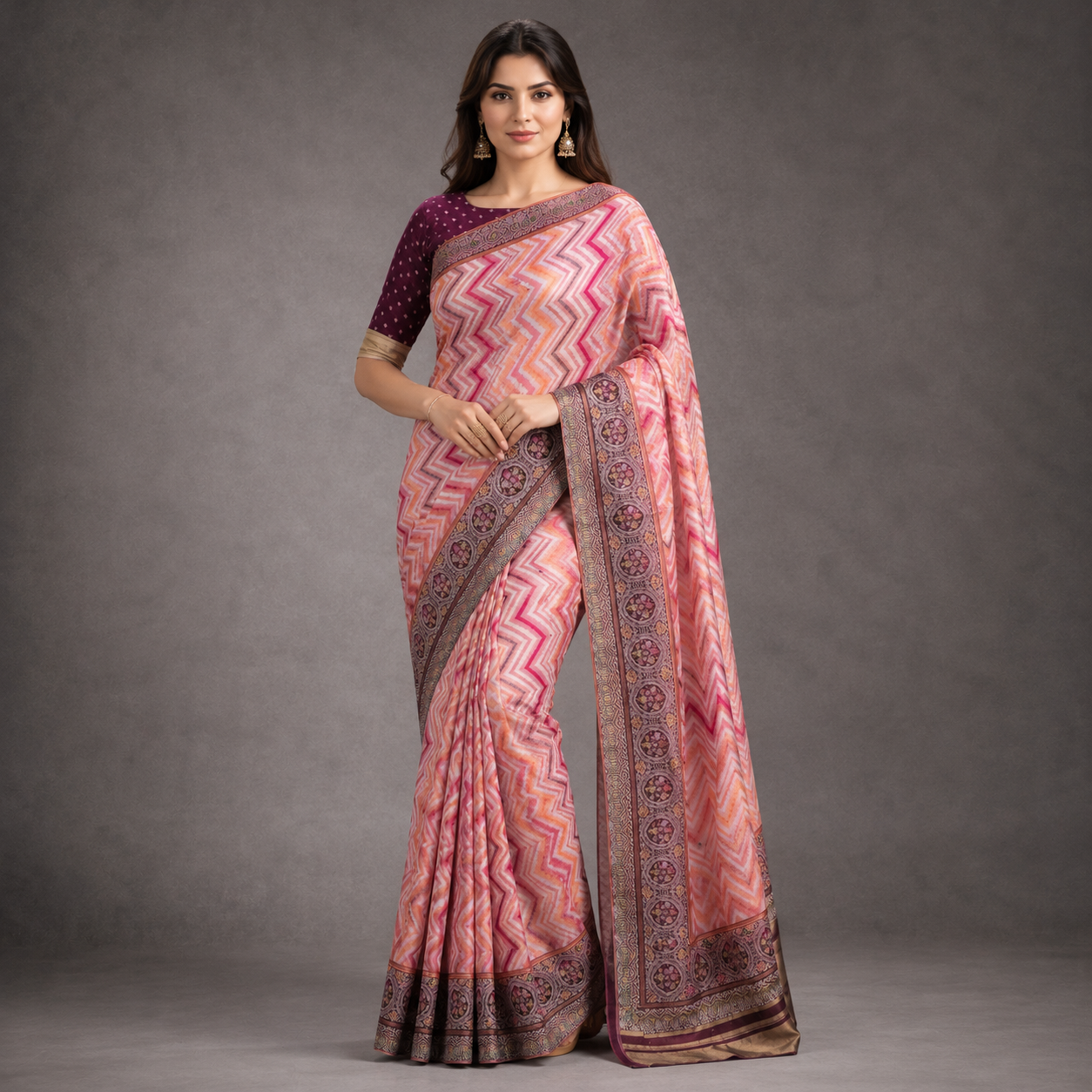Pink Banarasi Kora Silk Saree With Chevron Weave And Antique Zari Border For Women