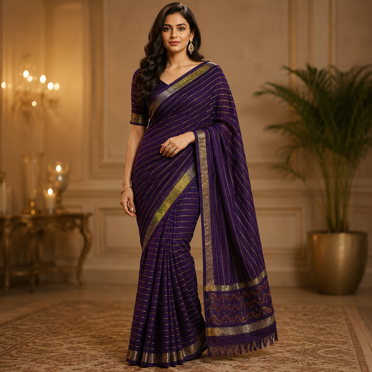 Purple Soft Georgette Weaved Silver Lines Andamp; Siroski Border Saree Designer Blouse For Women