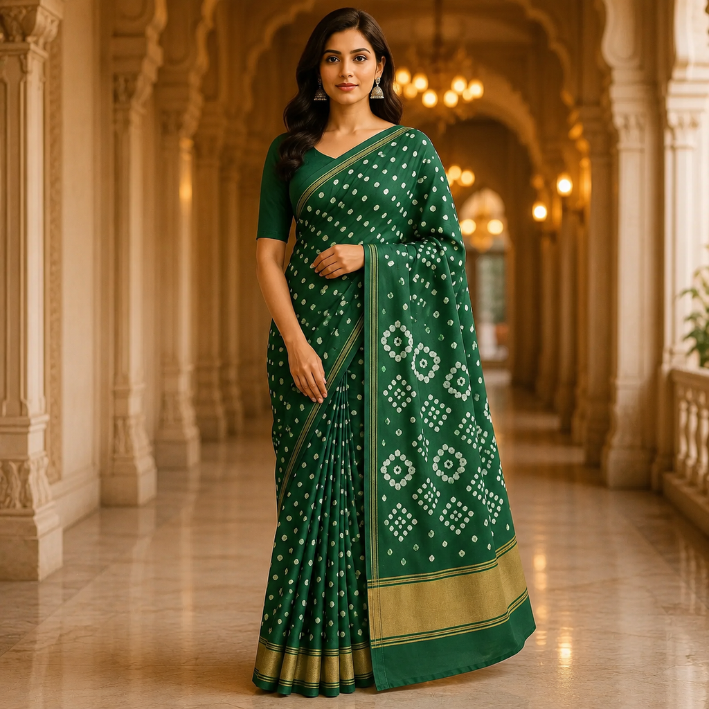 Green Gajji Silk Bandhani Saree With Blouse – A Handcrafted Symbol Of Grace And Heritage For Women