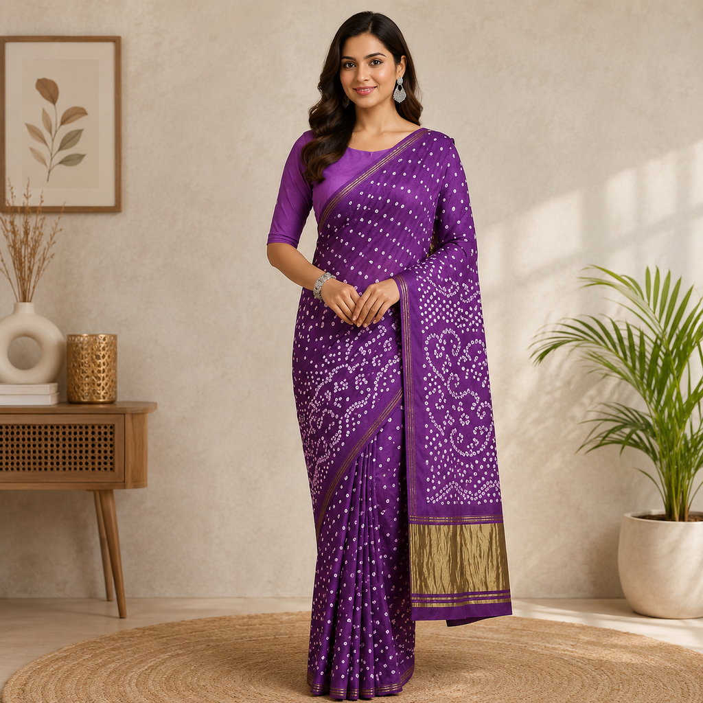 Purple Gajji Silk Bandhani Saree With Blouse – Grace Hand-Tied In Every Dot For Women