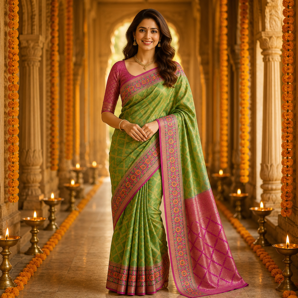 Green And Pink Banarasi Kora Silk Saree With Rich Zari - Lightweight Festive Elegance For Women