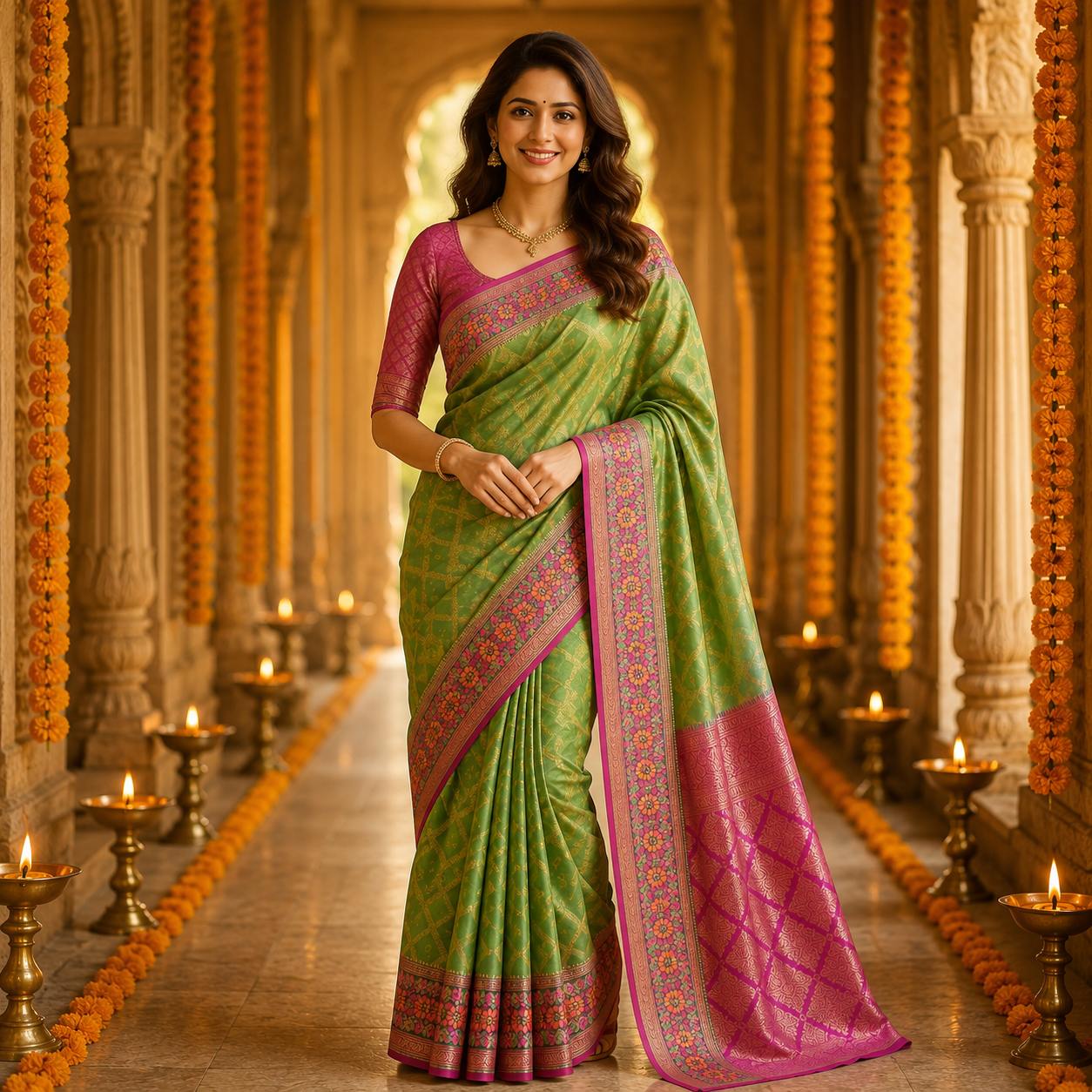 Green And Pink Banarasi Kora Silk Saree With Rich Zari - Lightweight Festive Elegance For Women