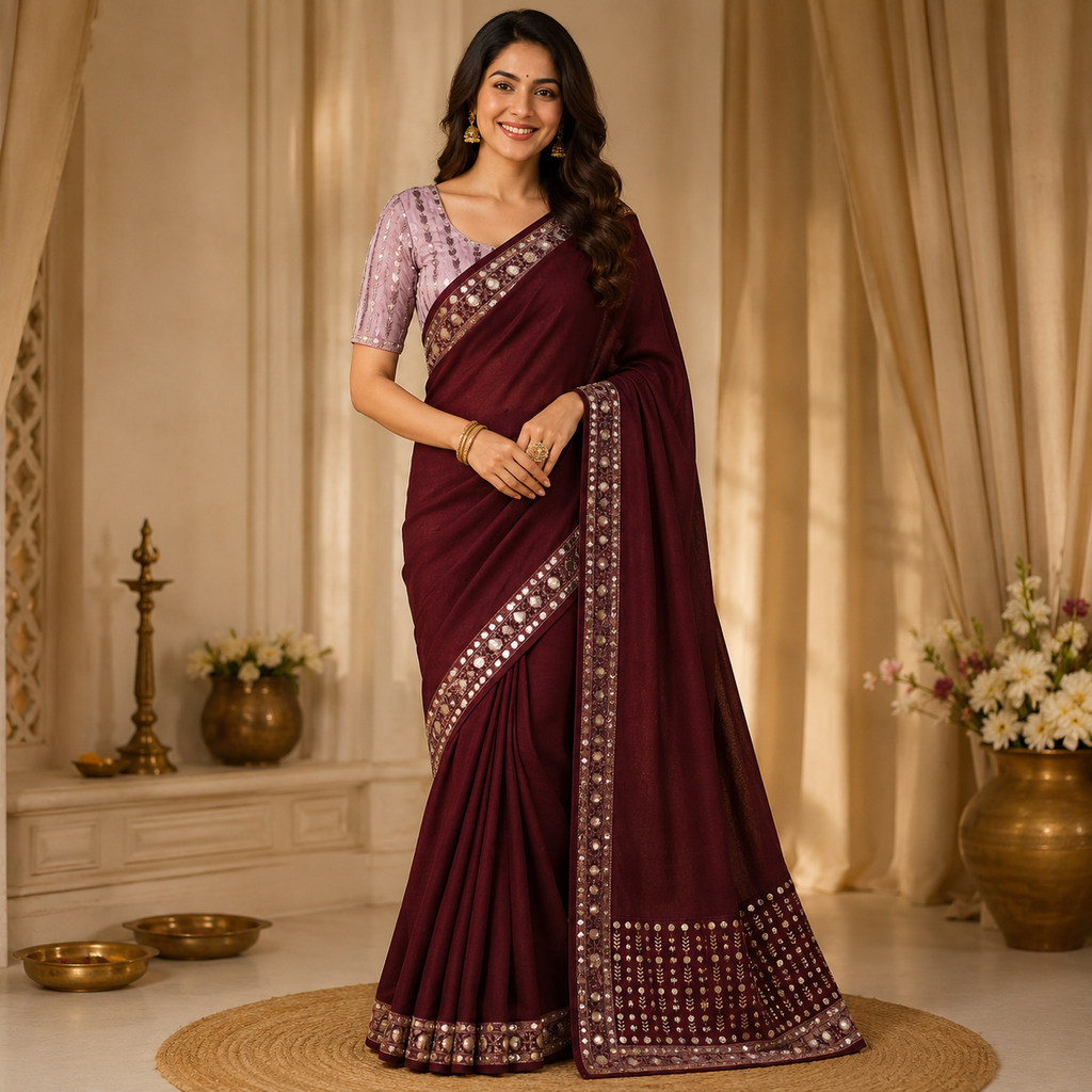 Wine Georgette Saree With Readymade Blouse – Pre-Stitched Party And Festive Saree For Women For Women