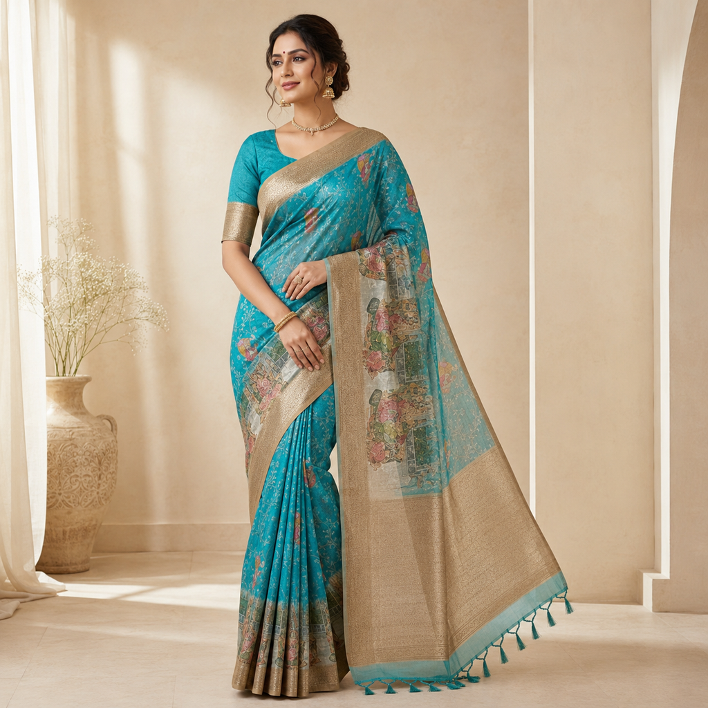 Turquoise Blue Floral Printed Organza Saree with Gold Zari Border & Tassel Pallu