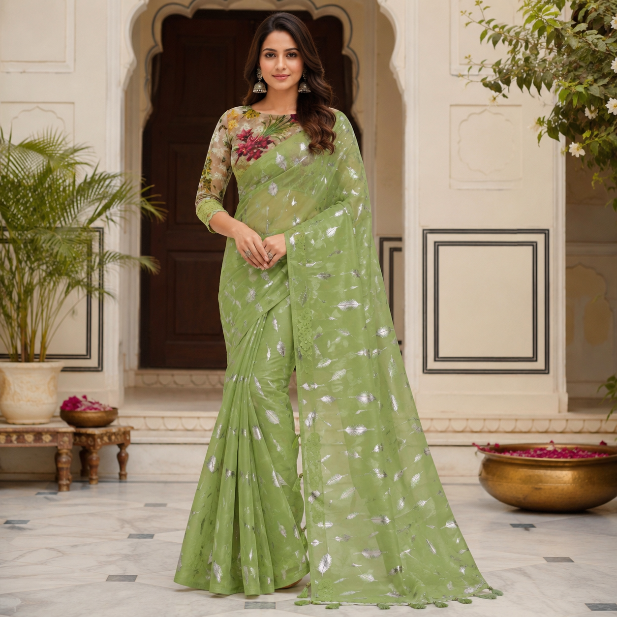 Light Green Chiffon Saree With Elegant Chikan Embroidered Blouse For Women
