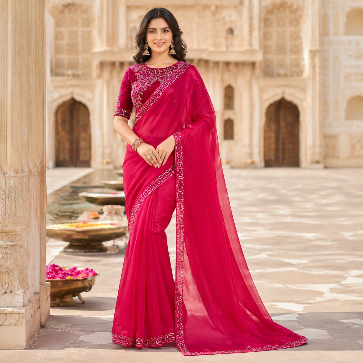 Pink Organza Saree With Velvet Blouse – Where Grace Meets Glamour For Women