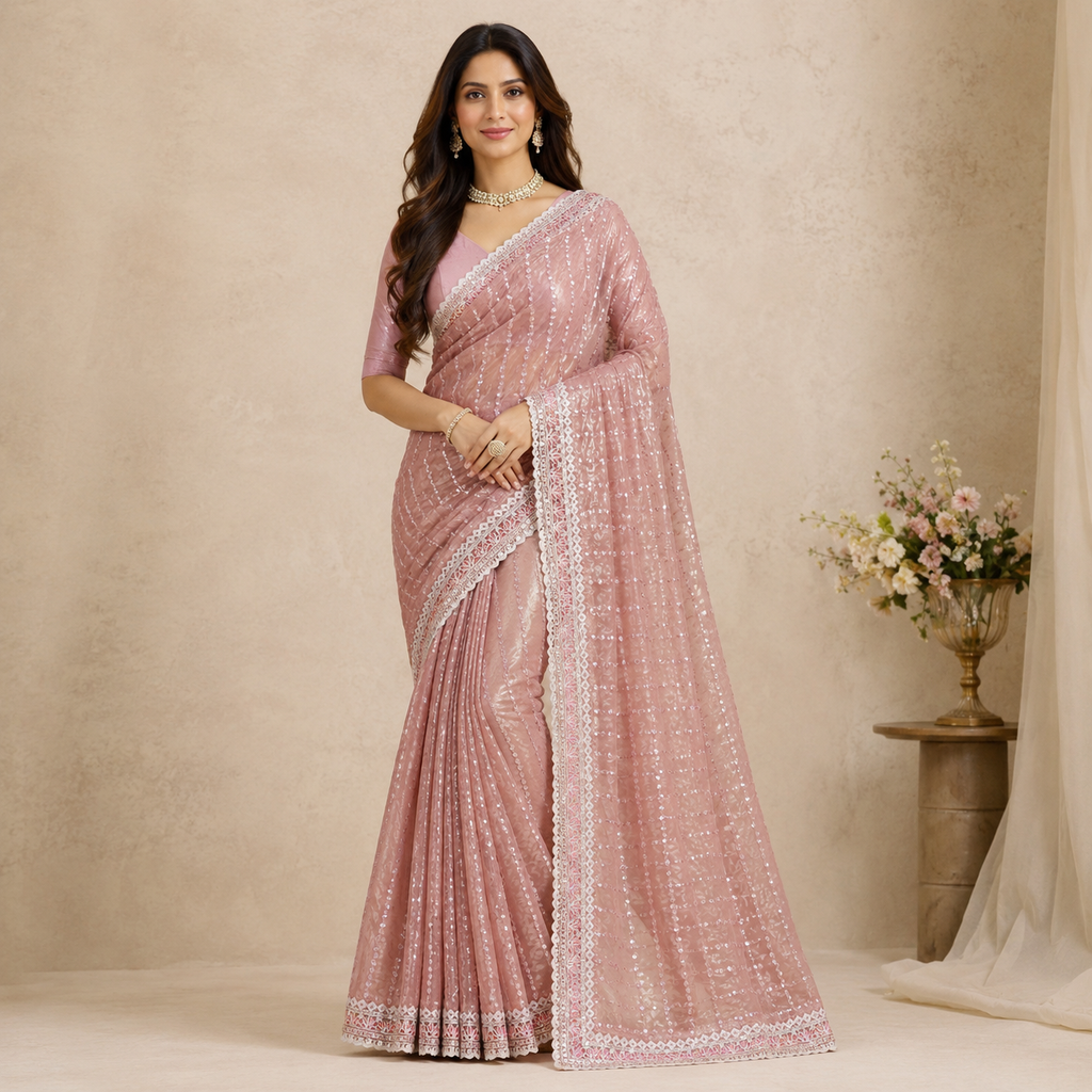 Peach Georgette Handwork Saree With Fancy Border – Where Subtle Luxury Meets Modern Grace For Women