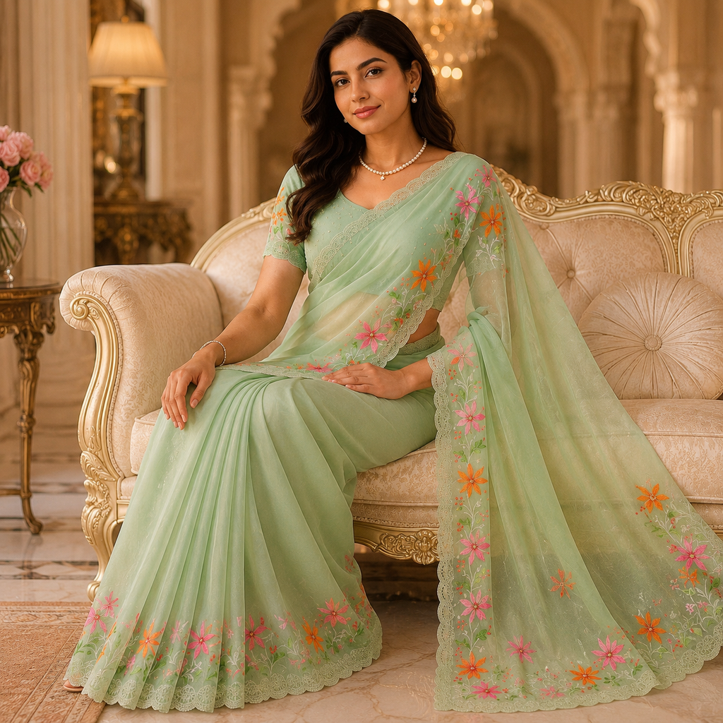 Green Organza Saree With Pearl And Embroidery Work And Blouse – Elegant Party And Wedding Wear For Women