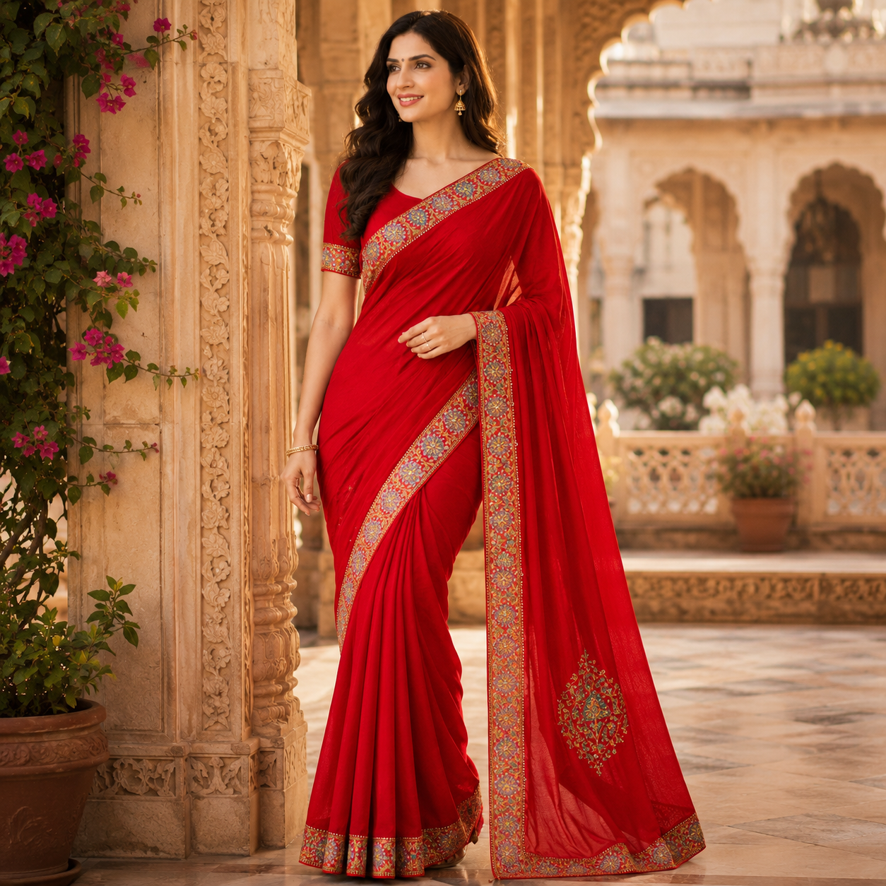 Red Heavy Pattern Georgette Saree With Printed Border Andamp And Siroski Work For Women
