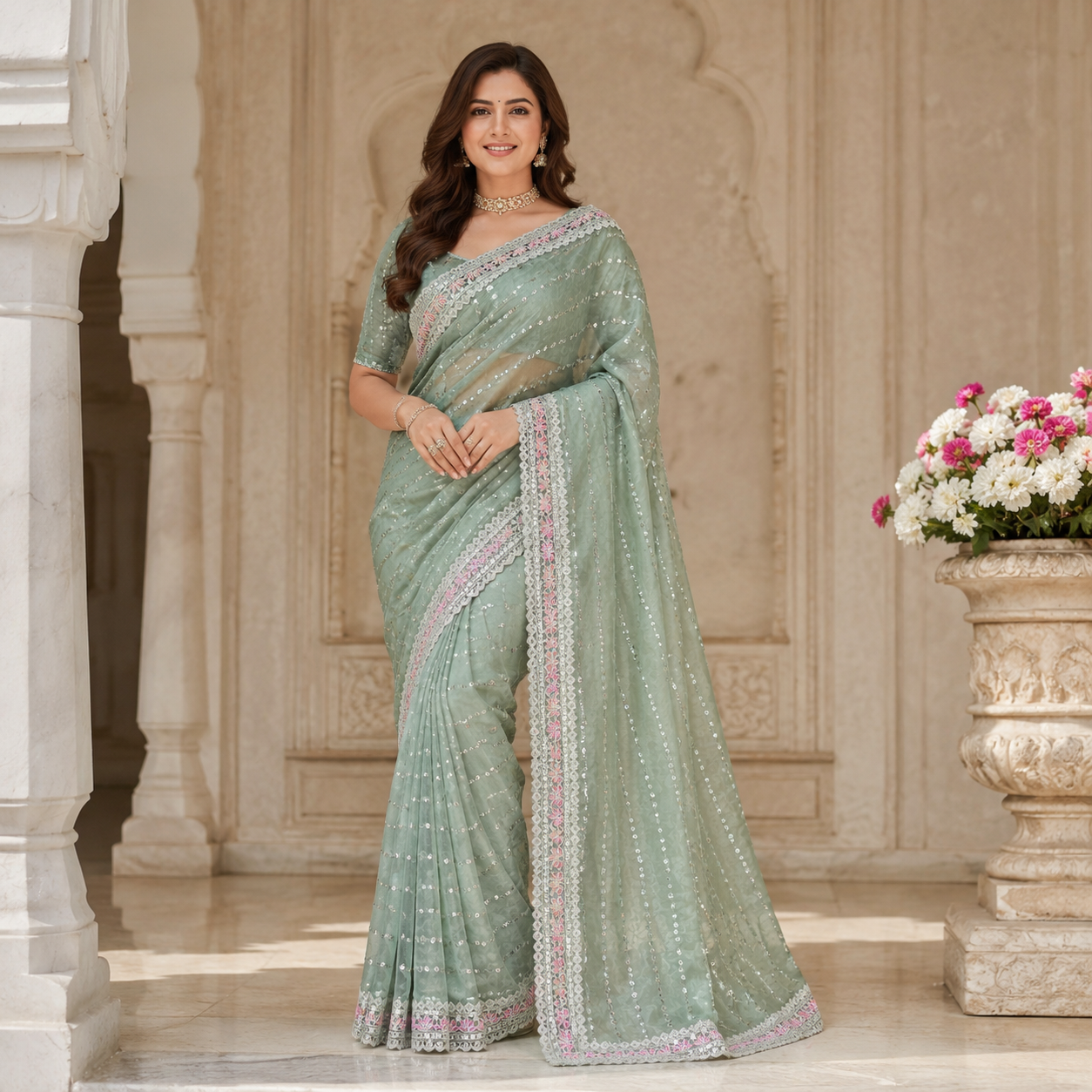 Pista Green Georgette Handwork Saree With Fancy Border – Light, Luxe And Lovingly Crafted For Women