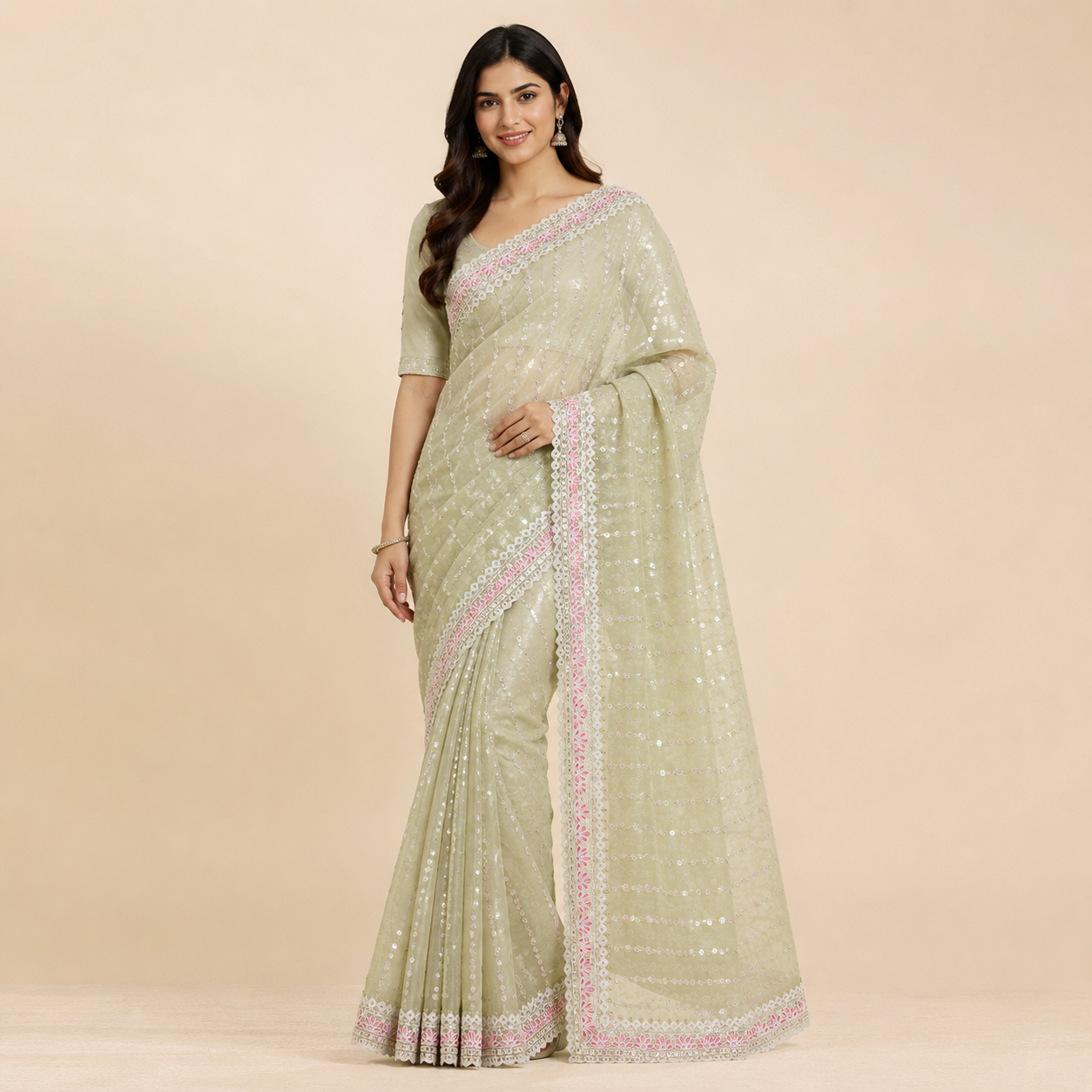 Light Green Georgette Handwork Saree With Fancy Border – Soft Glamour, Everyday Grace For Women