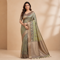 Sage Green Kalamkari Inspired Silk Saree with Antique Gold Border