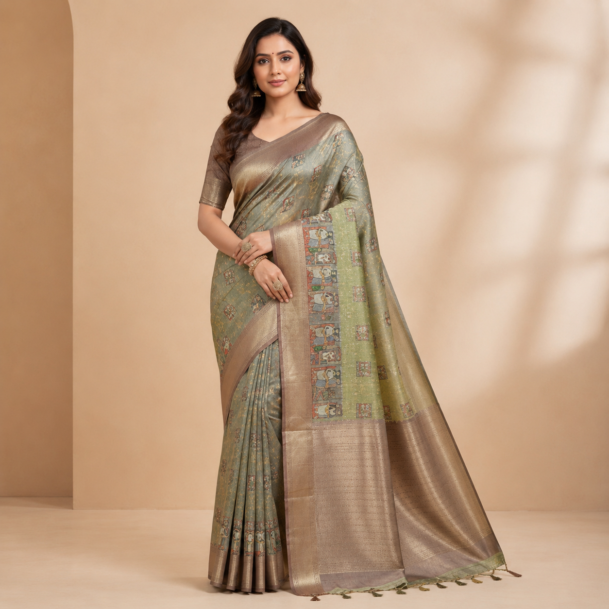 Sage Green Kalamkari Inspired Silk Saree with Antique Gold Border
