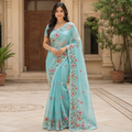 Sky Blue Organza Saree With Pearl And Embroidery Work And Blouse – Designer Wedding And Festive Saree For Women