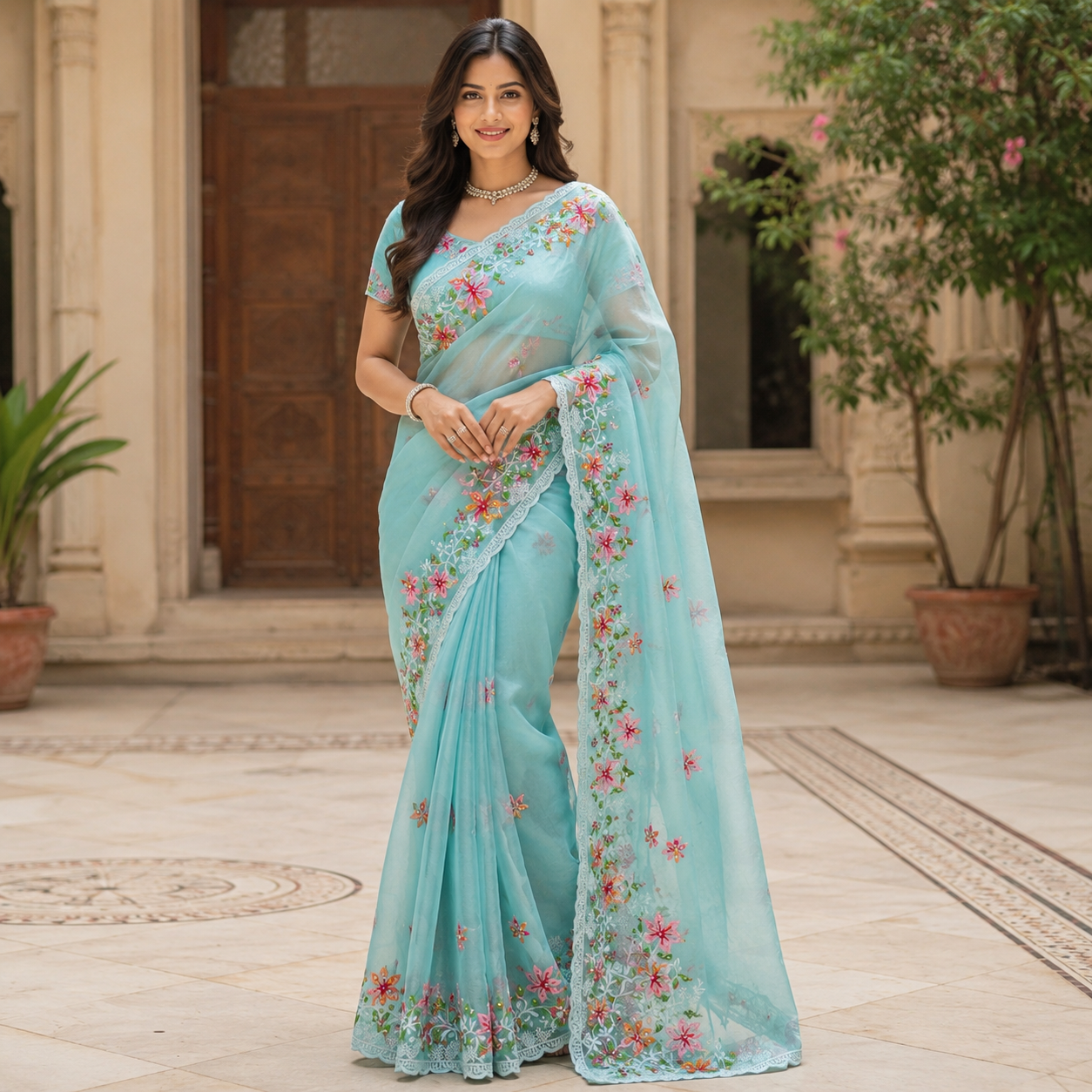 Sky Blue Organza Saree With Pearl And Embroidery Work And Blouse – Designer Wedding And Festive Saree For Women