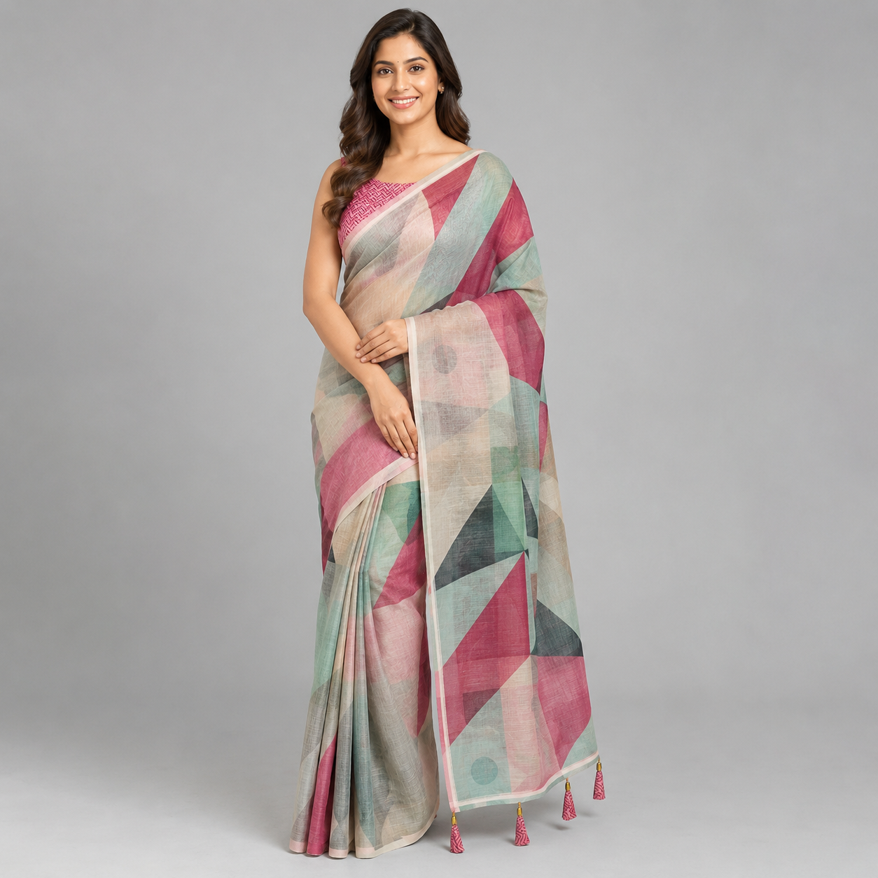 Multicolour Digital Print Linen Saree With Readymade Blouse – Vibrance, Lightness And Style In Every Drape For Women