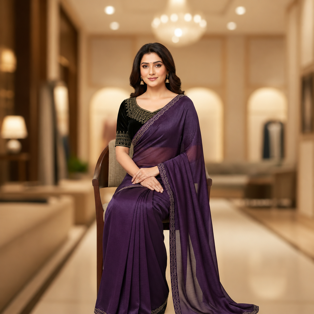 Purple Organza Saree With Velvet Blouse – A Statement Of Royal Elegance For Women