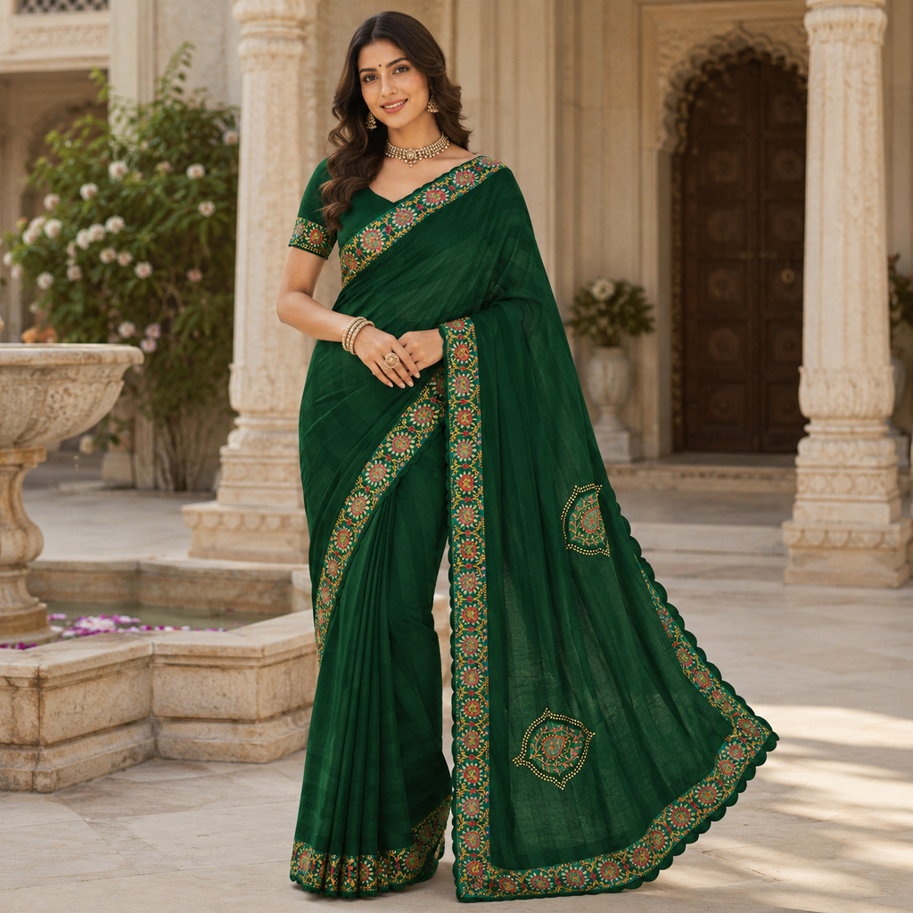 Green Heavy Pattern Georgette Saree With Printed Border Andamp And Siroski Work For Women