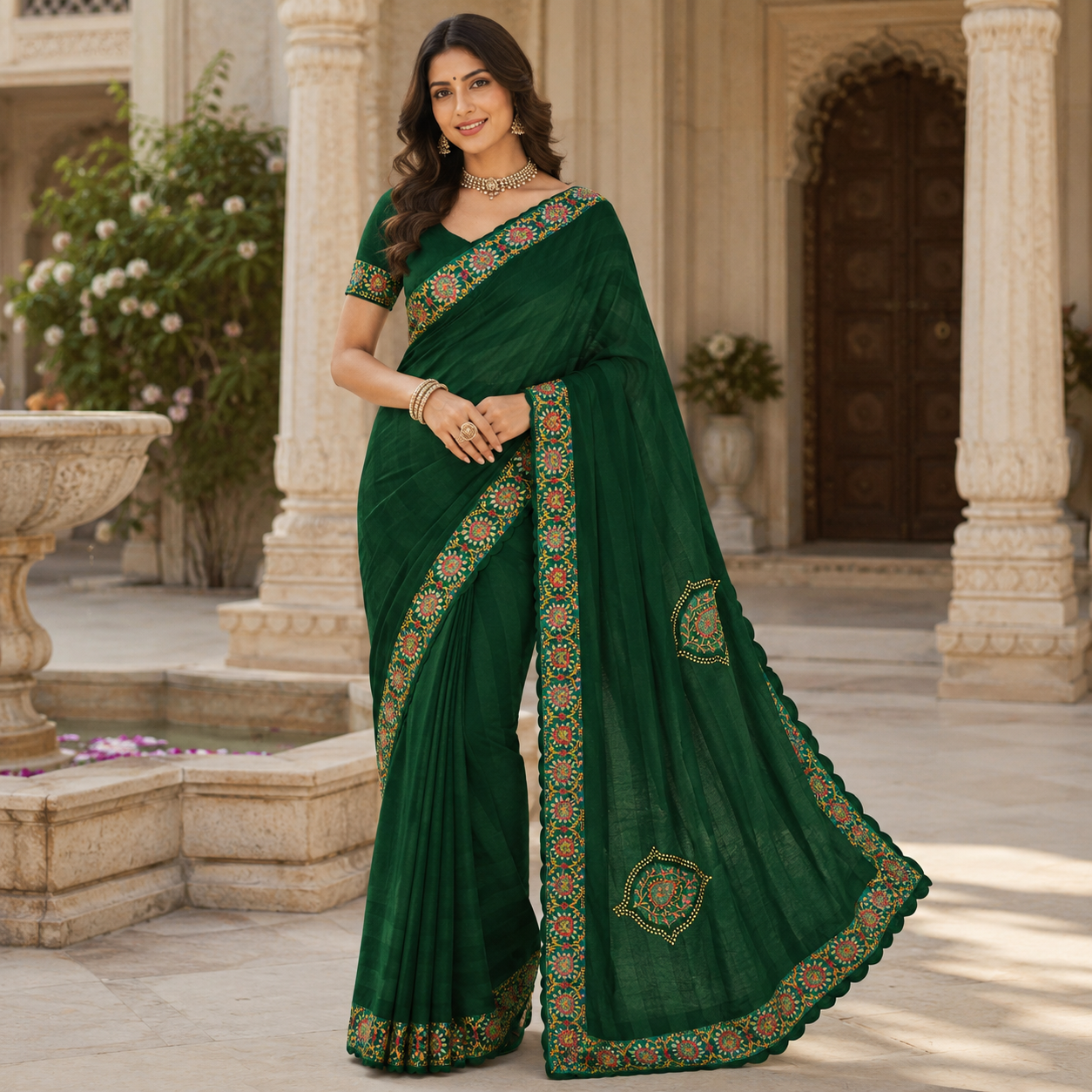 Green Heavy Pattern Georgette Saree With Printed Border Andamp And Siroski Work For Women
