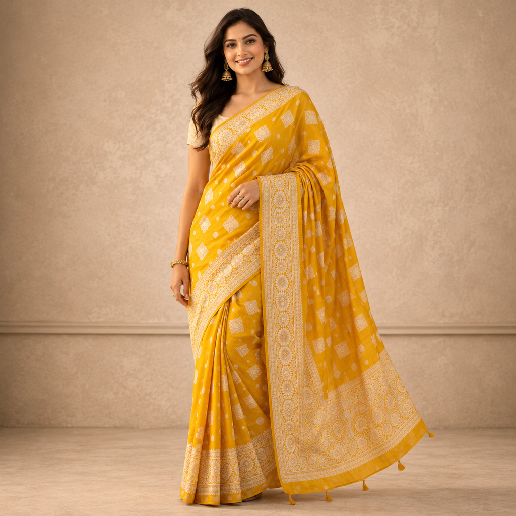 Yellow Ajrakh Kasturi Saree – The Sunshine Of Tradition For Women