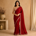 Red Georgette Saree With Readymade Blouse – Pre-Stitched Festive And Party Wear Saree For Women For Women
