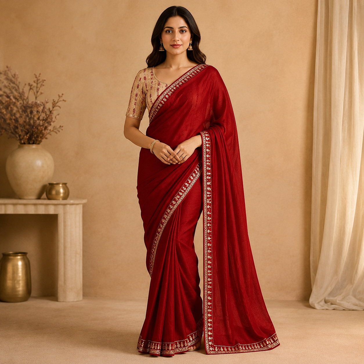 Red Georgette Saree With Readymade Blouse – Pre-Stitched Festive And Party Wear Saree For Women For Women