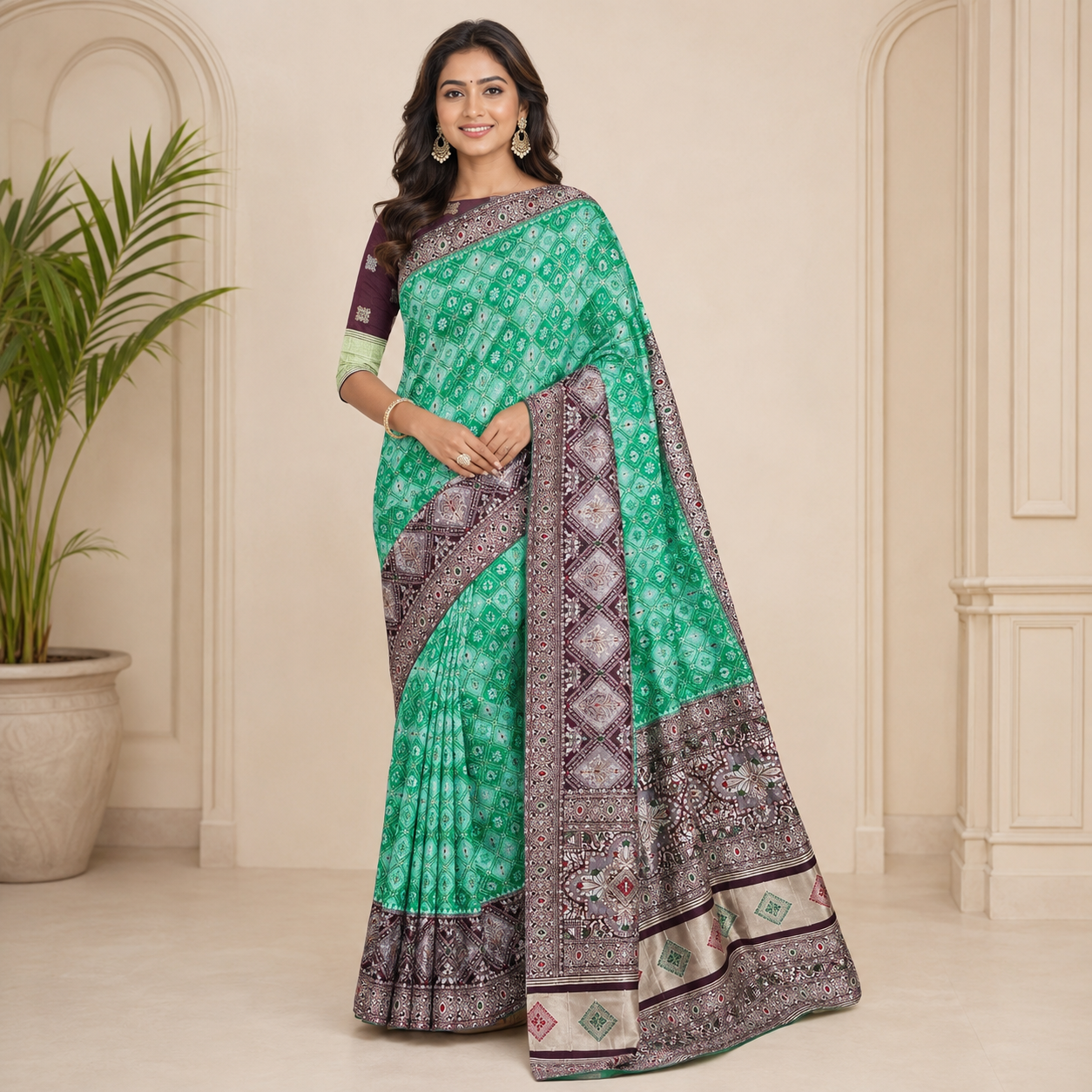 Wine And Rama Green Dola Silk Handwork Saree With Blouse – Premium Wedding And Festive Wear For Women