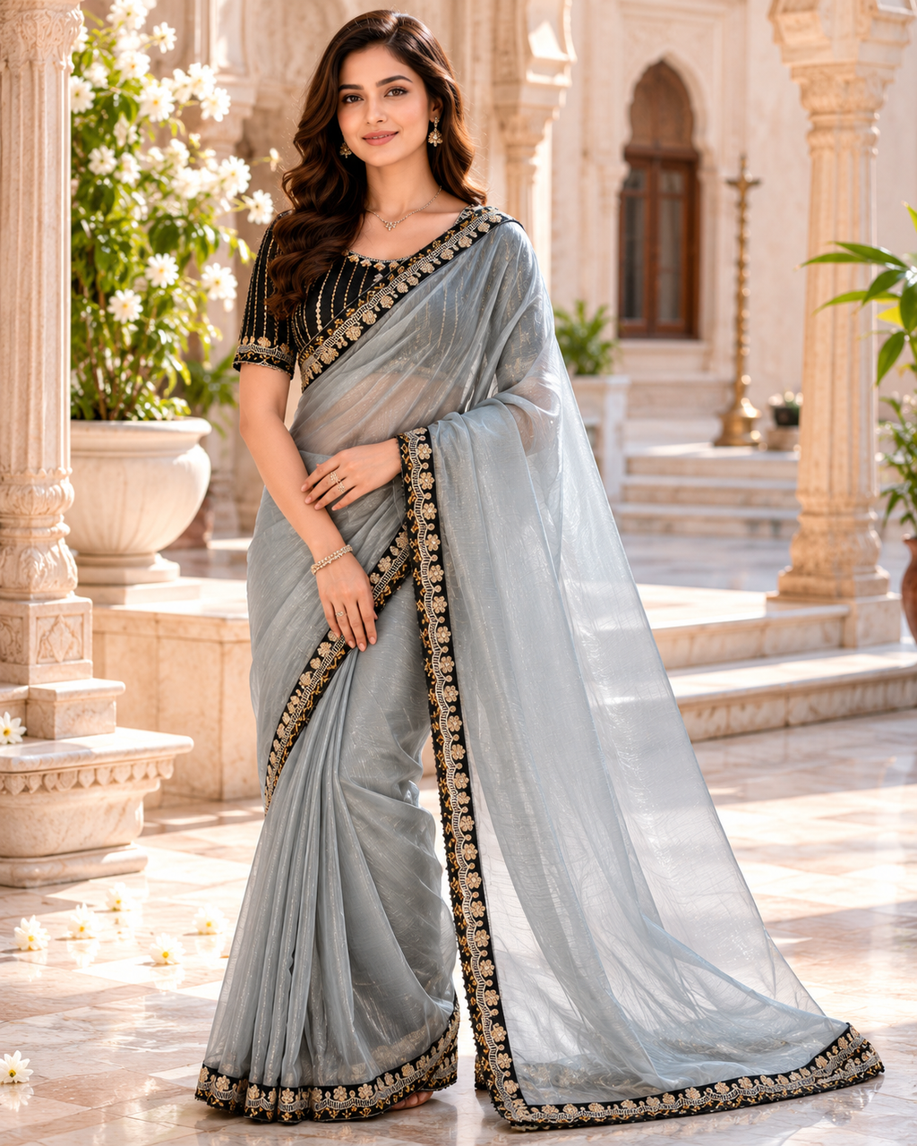 Grey Organza Saree With Gota Patti Work With Designer Blouse For Women