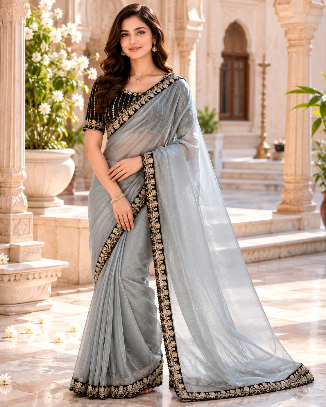 Grey Organza Saree With Gota Patti Work With Designer Blouse For Women