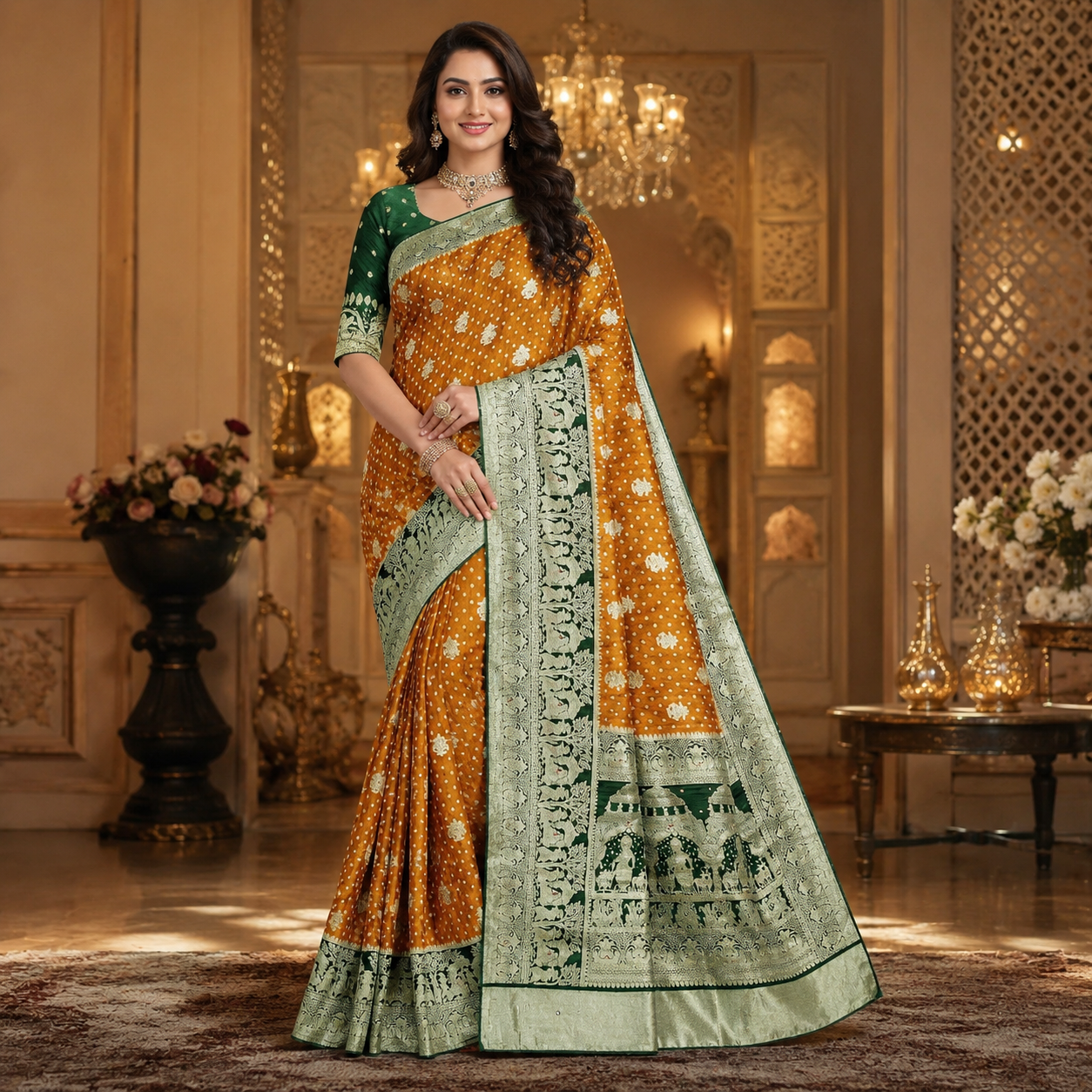 Green And Yellow Pure Heavy Kalash Satin Silk Saree With Blouse – Wedding And Festive Collection For Women