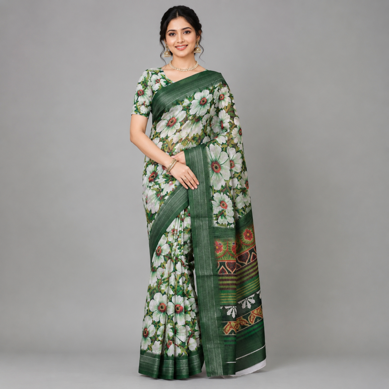 Green Digital Print Linen Saree With Readymade Blouse – Breezy, Bold And Beautifully You For Women