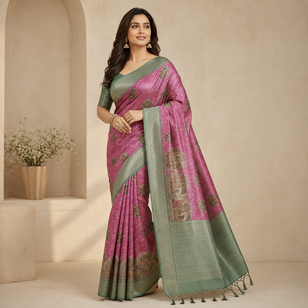Pink & Sage Green Traditional Printed Saree with Artistic Pallu
