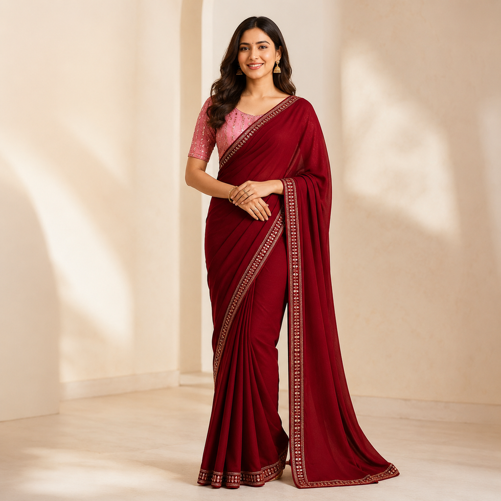Maroon Georgette Saree With Readymade Blouse – Designer Look For Women