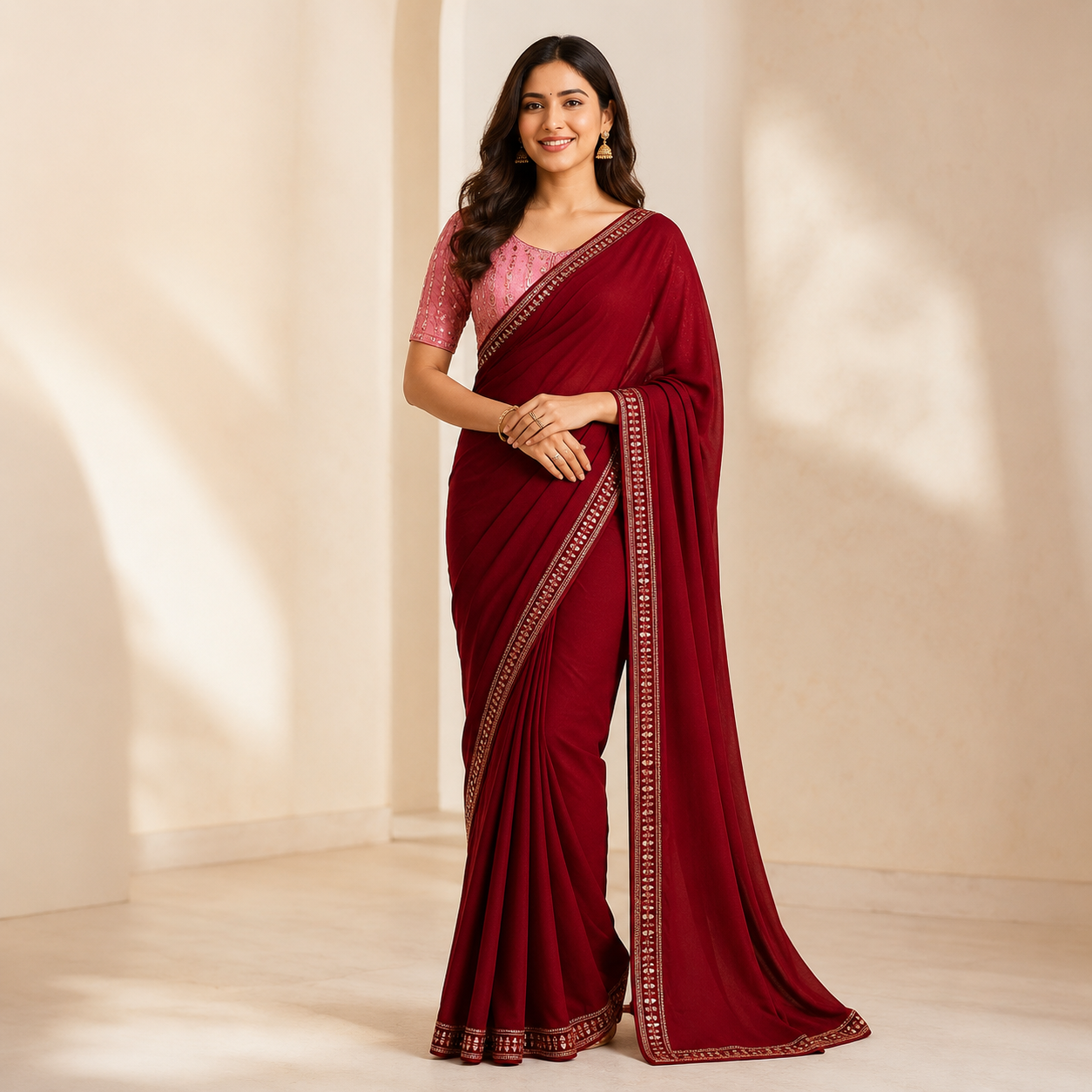 Maroon Georgette Saree With Readymade Blouse – Designer Look For Women