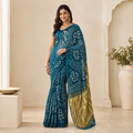 Teal Blue Bandhani Saree with Gold Pallu