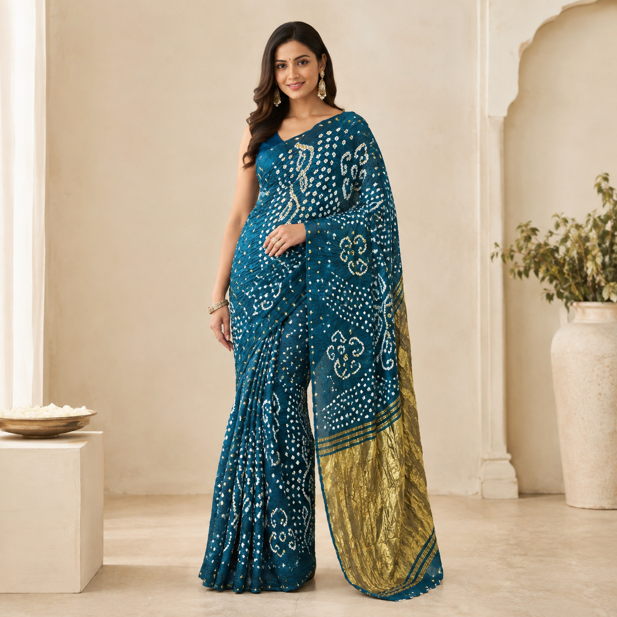 Teal Blue Bandhani Saree with Gold Pallu
