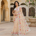 Orange Organza Saree With Pearl And Embroidery Work And Blouse – Premium Party And Wedding Wear For Women