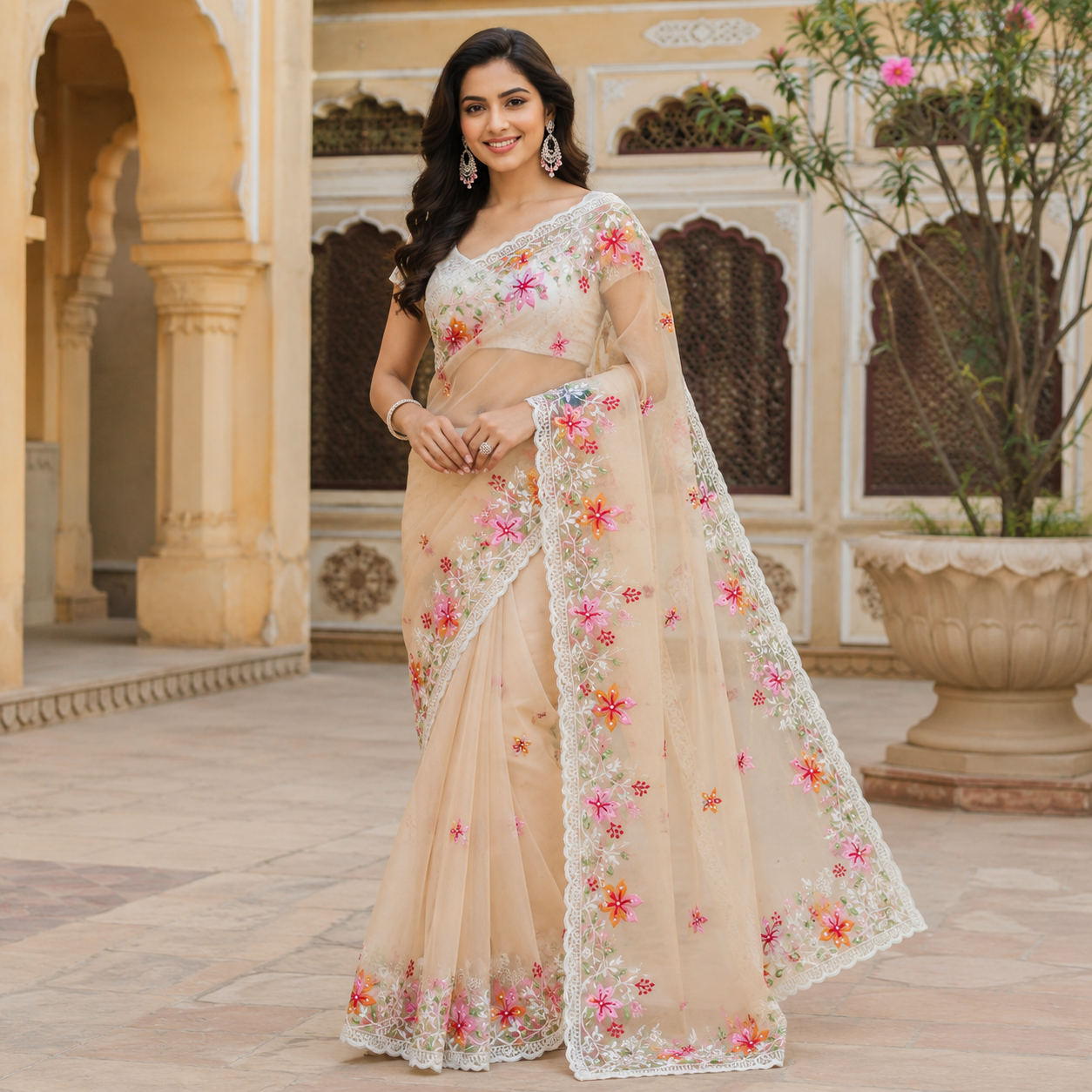 Orange Organza Saree With Pearl And Embroidery Work And Blouse – Premium Party And Wedding Wear For Women